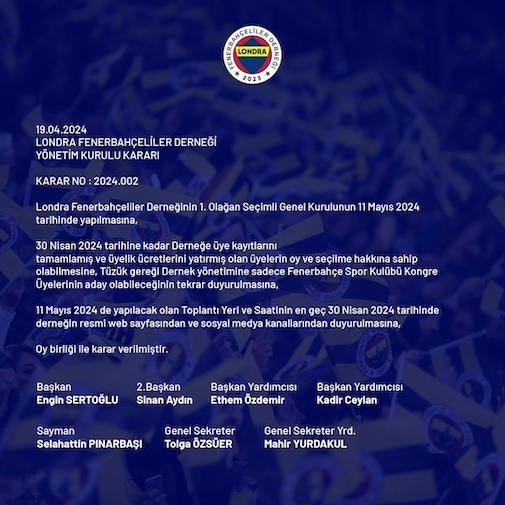 İngiltere Fenerbahçeliler Derneği Genel Kurul Tarihini Açıkladı
