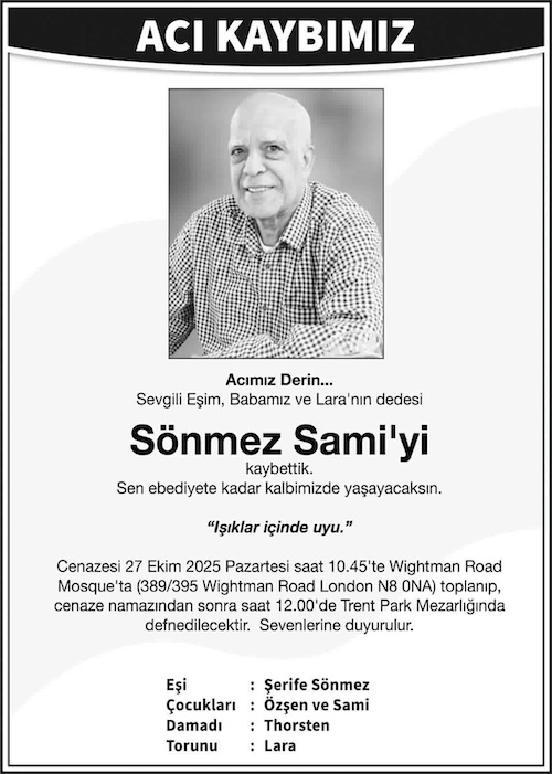 Kıbrıslı Türk Sönmez Sami, Londra'da Vefat