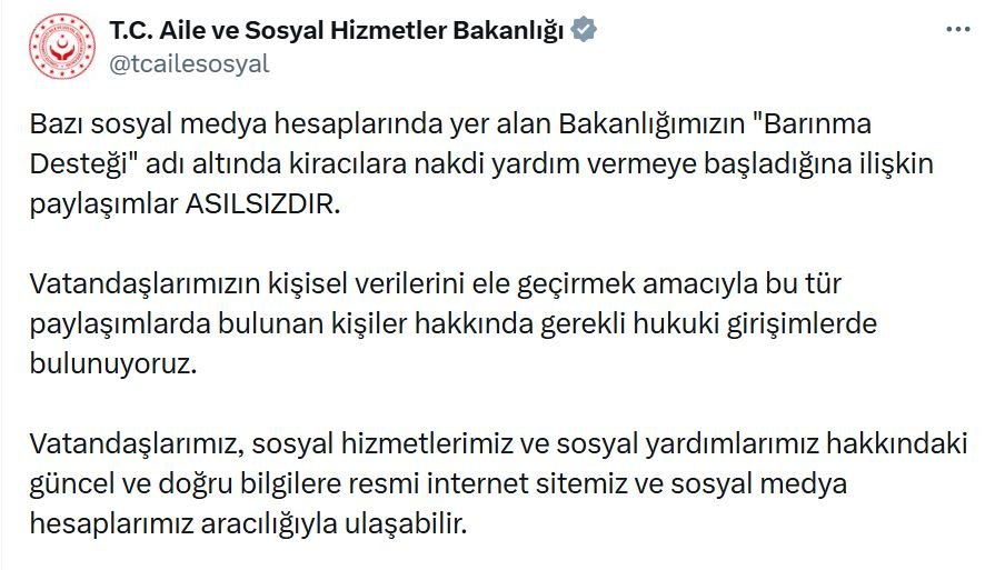 Bakanlıktan, kiracılara 'barınma desteği' paylaşımlarına yalanlama