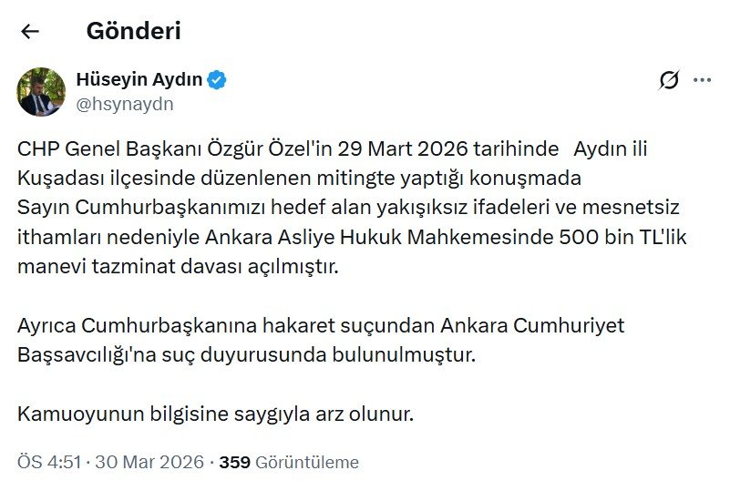 Cumhurbaşkanı Erdoğan'dan Özgür Özel'e tazminat davası