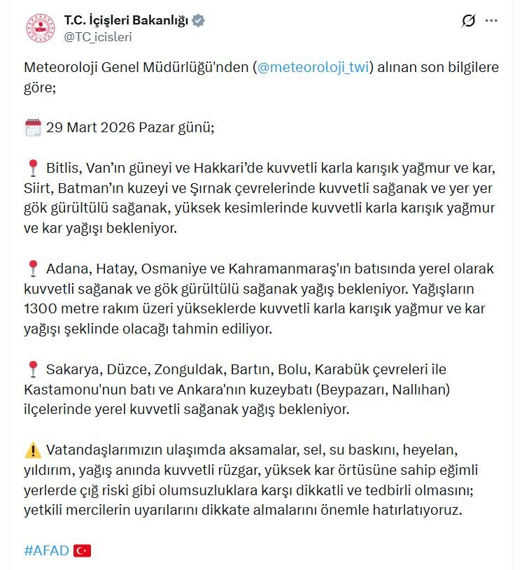 İçişleri Bakanlığından 18 il için kar ve sağanak uyarısı