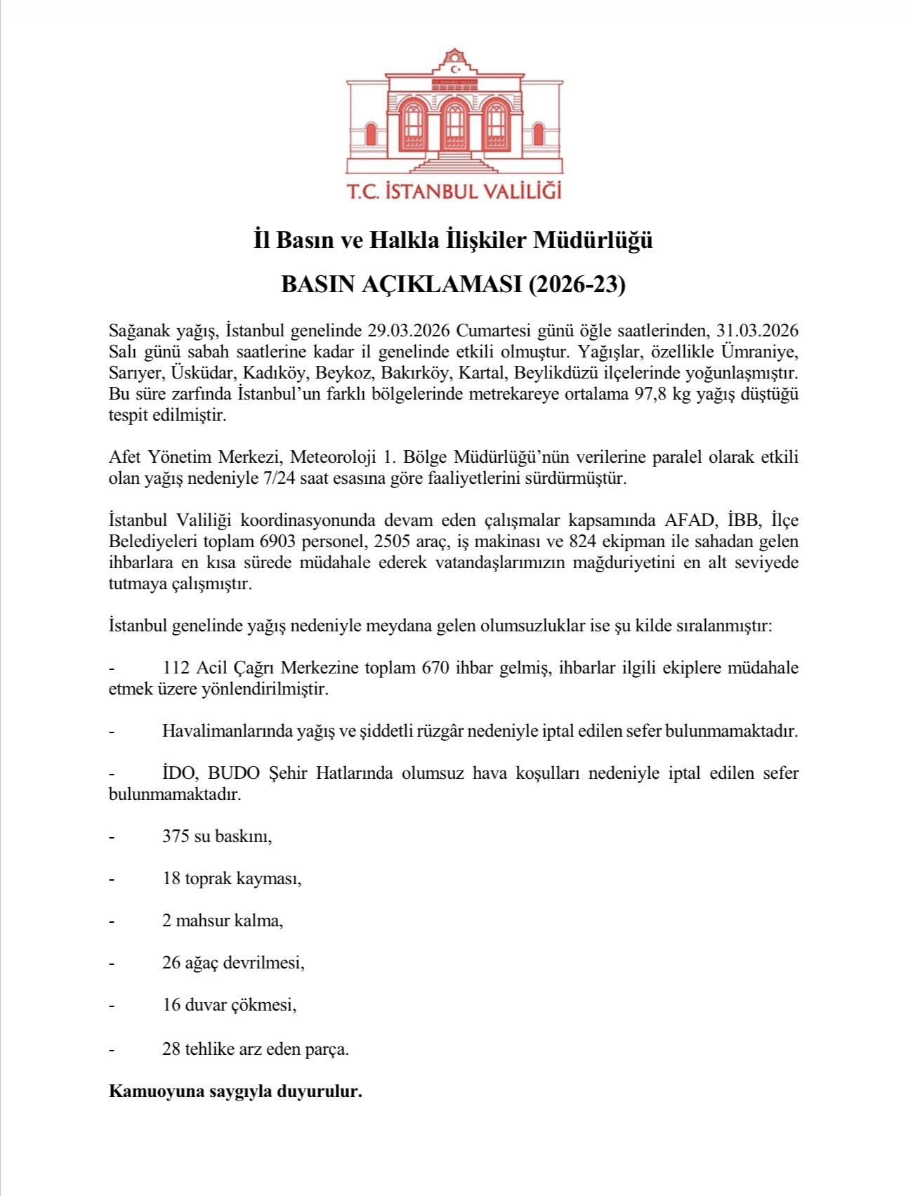 İstanbul- İstanbul Valiliği: 3 günde metrekareye 97 kilogram yağış düştü