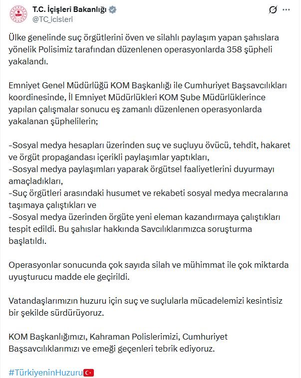 Suç örgütlerini öven ve silahlı paylaşım yapan 358 şüpheliye gözaltı