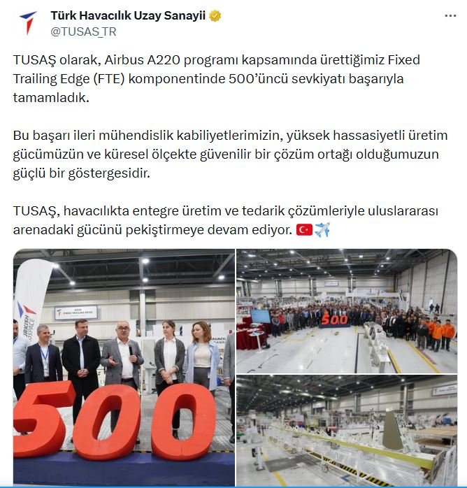 TUSAŞ, A220 programında 500'üncü teslimatını gerçekleştirdi