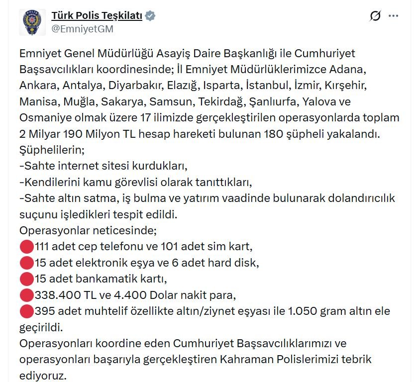 17 ilde 'dolandırıcılık' operasyonu: 180 gözaltı