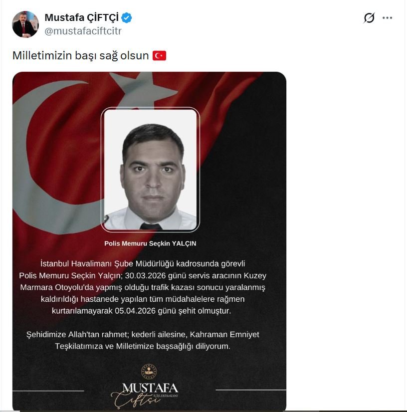 Bakan Çiftçi'den şehit polis memuru için taziye mesajı