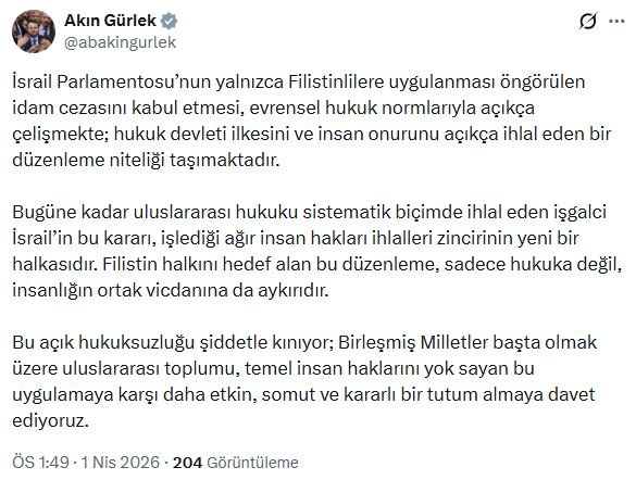 Bakan Gürlek: Yalnızca Filistinlilere uygulanan idam cezası evrensel hukukla açıkça çelişmekte