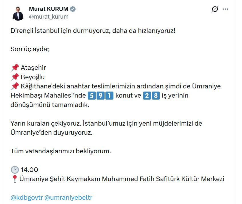 Bakan Kurum: Ümraniye'de 591 konut ve 28 iş yerinin dönüşümünü tamamladık