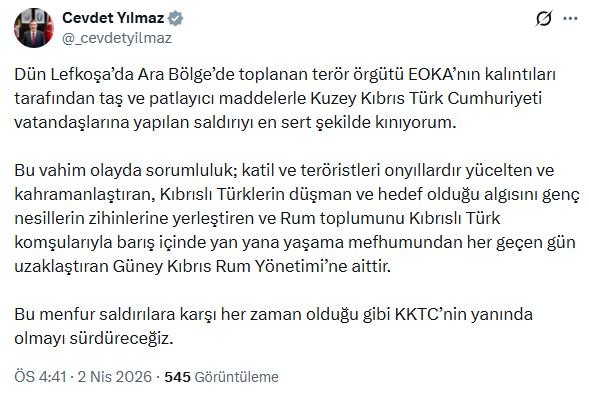 Cevdet Yılmaz: EOKA kalıntılarının saldırısını en sert şekilde kınıyorum