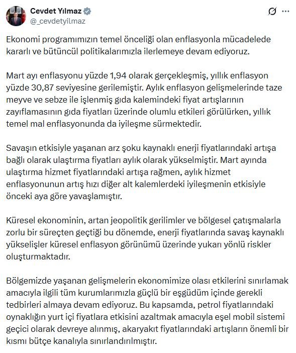 Cumhurbaşkanı Yardımcısı Yılmaz: Ekonomimiz dışsal şoklara karşı direncini korumaktadır