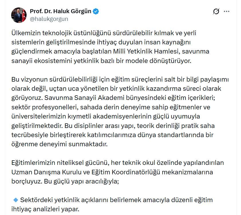 Haluk Görgün'den 'Savunma Sanayii Akademi' paylaşımı
