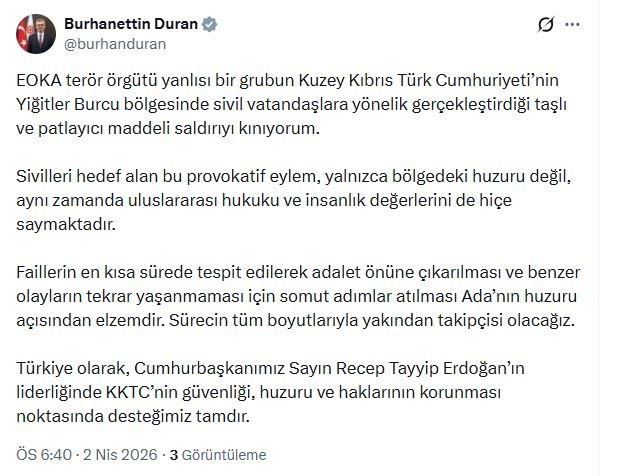 İletişim Başkanı Duran: EOKA terör örgütü yanlılarının KKTC'deki saldırısını kınıyorum