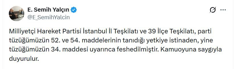 MHP, İstanbul Teşkilatını feshetti