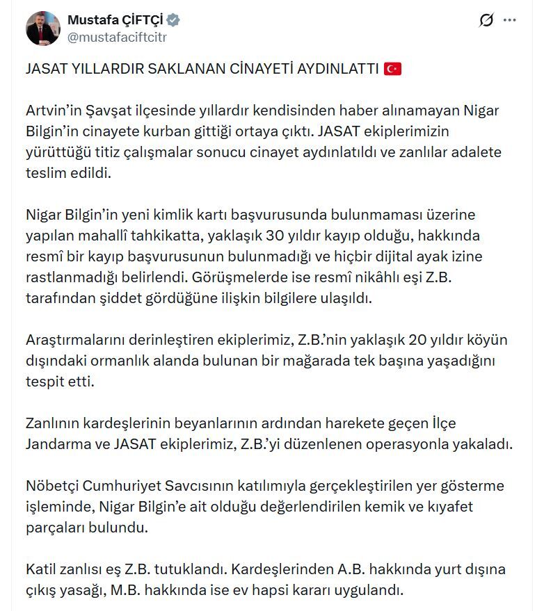 Artvin'de 30 yıllık cinayeti jandarma aydınlattı