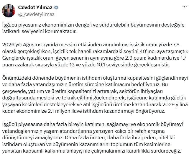 Cumhurbaşkanı Yardımcısı Yılmaz: İş gücü piyasamız istikrarlı seviyesini korumaktadır