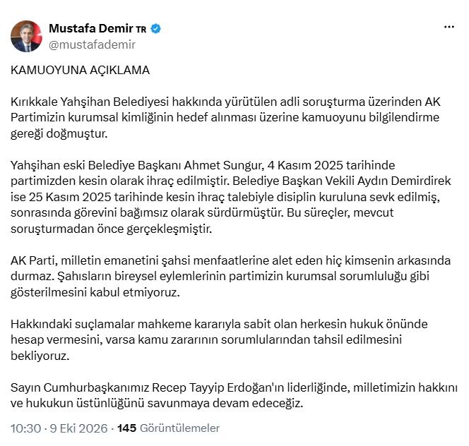 AK Parti'li Demir: Şahısların eylemlerinin partimizin kurumsal sorumluluğu gibi gösterilmesini kabul etmiyoruz