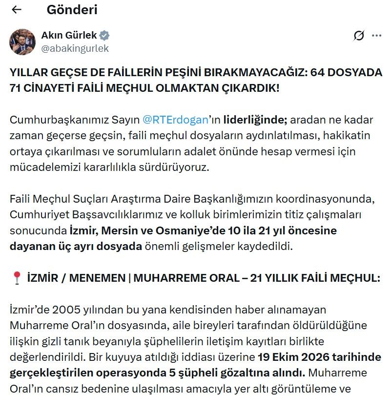 Bakan Gürlek: 64 dosyada 71 cinayeti faili meçhul olmaktan çıkardık