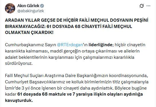 Bakan Gürlek: 68 cinayeti faili meçhul olmaktan çıkardık