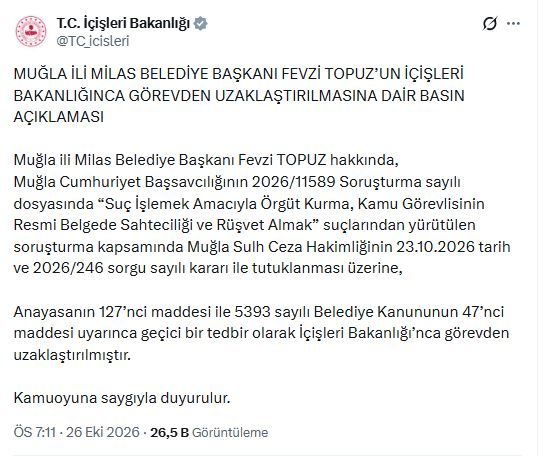 Milas Belediye Başkanı Topuz, görevden uzaklaştırıldı