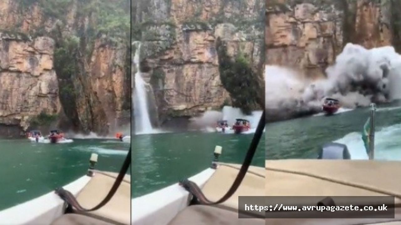 Brezilya'da turistlerin gezinti yaptığı teknelerin üzerine büyük kaya parçası devrildi! Şok anlar, video izle
