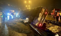 Anadolu Otoyolu'nda devrilen granül yüklü tırın sürücüsü yaralandı