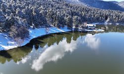 Beyaza bürünen Gölcük Tabiat Parkı dron kamerasında