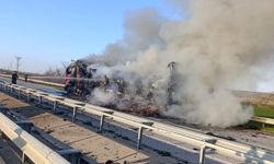 Edirne'de domates yüklü TIR alev alev yandı; o anlar kamerada