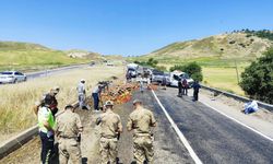 Yolda lastiği patlayan kamyonetteki meyve ve sebzeler yola saçıldı