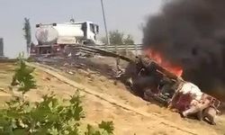 Beton mikseri şarampole devrilip alev aldı; o anlar kamerada