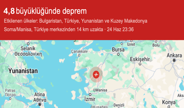 Manisa'nın Soma ilçesinde 4,8 büyüklüğünde deprem