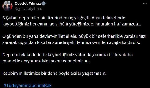 Cevdet Yılmaz, 6 Şubat depremlerinde hayatını kaybedenleri andı