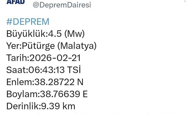 Malatya'da 4.5 büyüklüğünde deprem