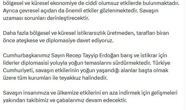 Cevdet Yılmaz: Tarafları biran önce ateşkese ve diplomasiye davet ediyoruz