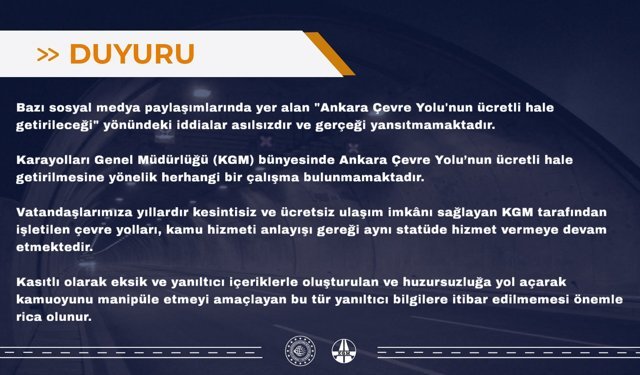 KGM, 'Ankara Çevre Yolu'nun ücretli hale getirileceği' iddialarının asılsız olduğunu duyurdu