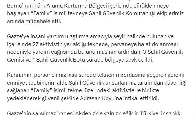 Arızalanan Sumud teknesine Türk Sahil Güvenliği yardım etti