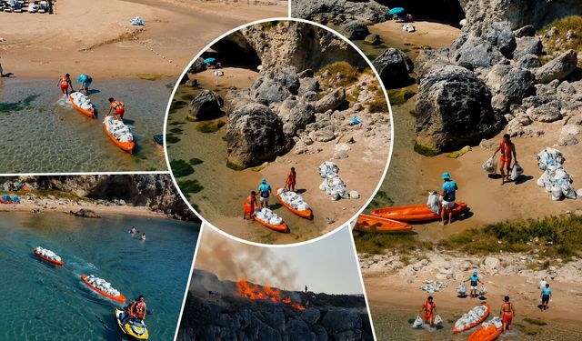 Şile'de günübirlik tatilcilerin bıraktığı çöpler jet ski ve kanolarla kıyıya taşındı