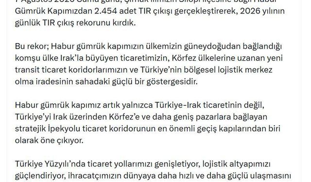 Bakan Bolat: Habur Gümrük Kapımızda 2026'nın günlük TIR çıkış rekorunu kırdık