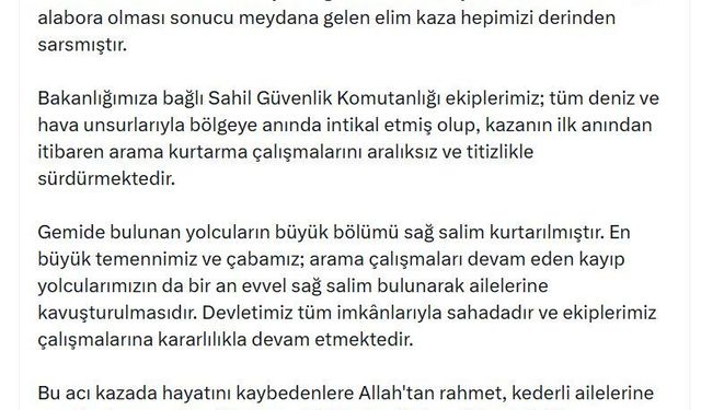 Bakan Çiftçi: En büyük çabamız; kayıp yolcularımızın bir an evvel sağ salim bulunması