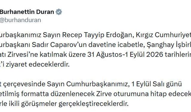 Cumhurbaşkanı Erdoğan, yarın Kırgızistan'a gidecek