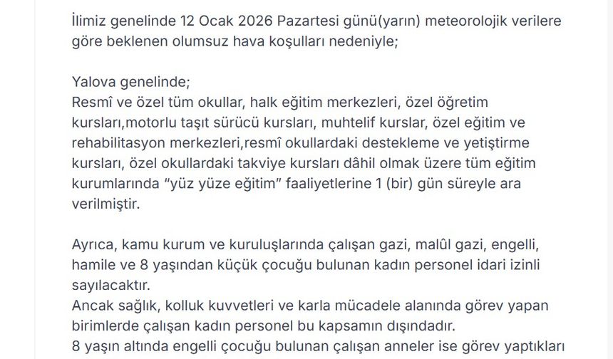 Yalova'da eğitime 1 gün ara verildi