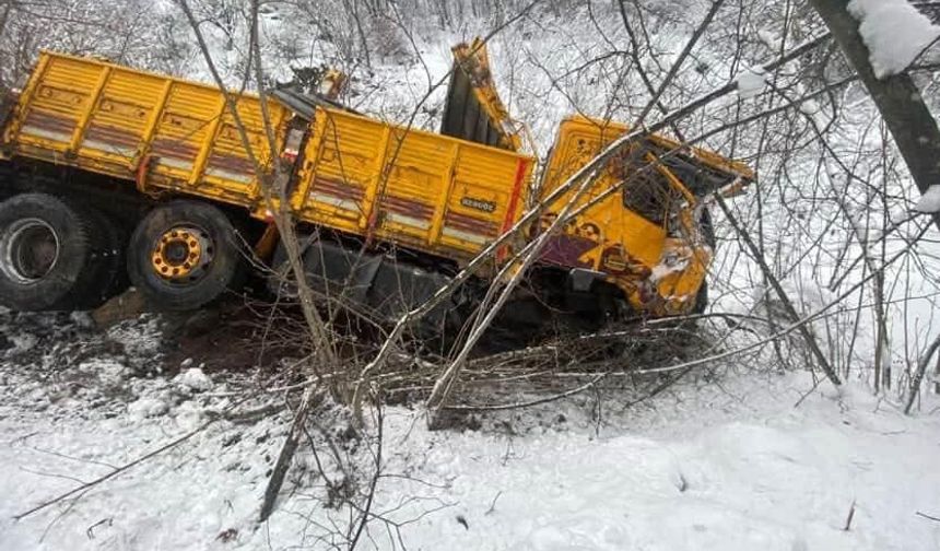 Yem yüklü kamyon, buzlanan yolda fındık bahçesine uçtu; kaza kamerada