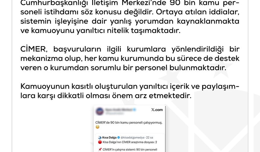 DMM: 'CİMER'de 90 bin kişinin görev yaptığı' iddiası doğru değildir