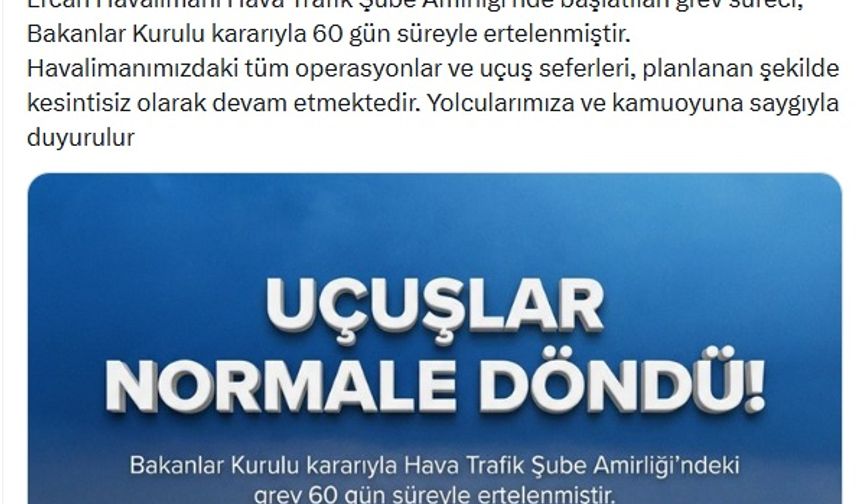 KKTC'de hava trafik kontrolörlerinin grevi 60 gün süreyle ertelendi