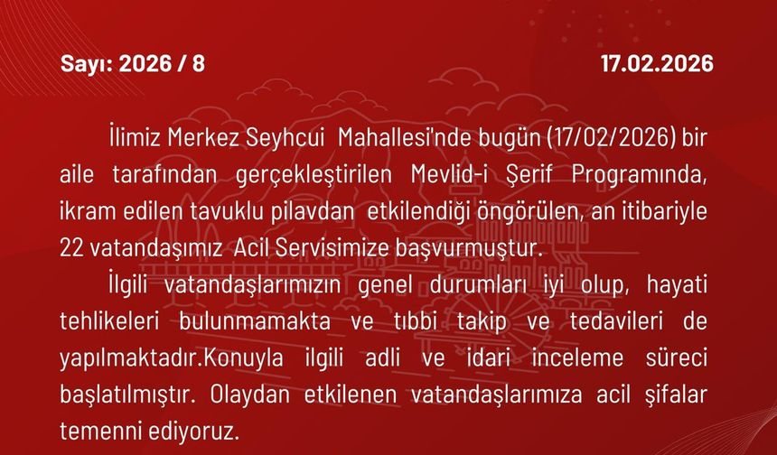 Mevlit yemeği sonrası 22 kişi zehirlenme şüphesiyle hastaneye kaldırıldı