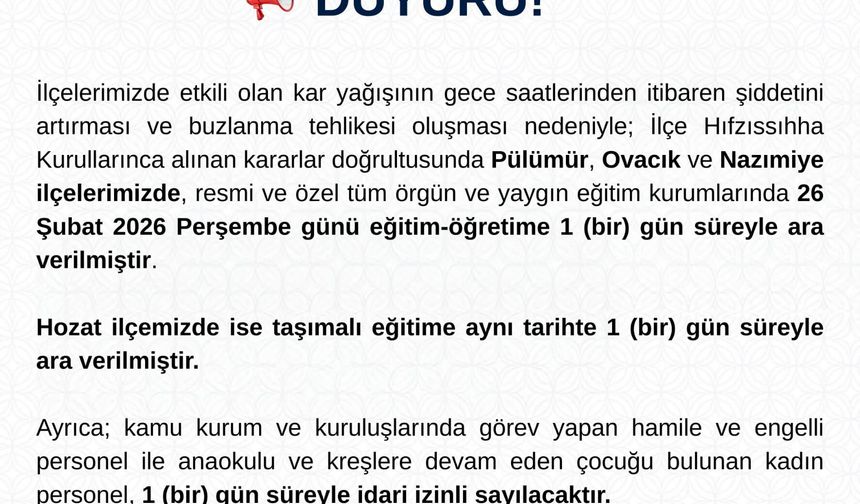 Tunceli'de 4 ilçede eğitime 'kar' engeli