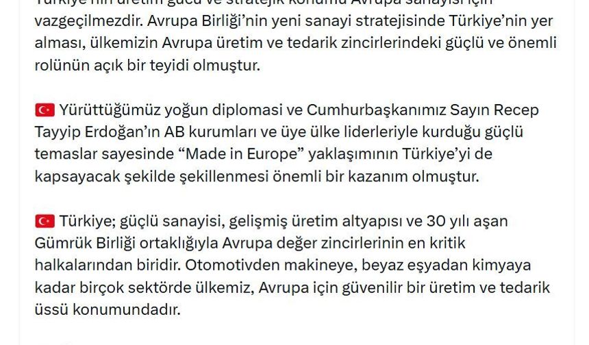 Bakan Bolat: 'Made in Europe' yaklaşımı önemli bir kazanım oldu
