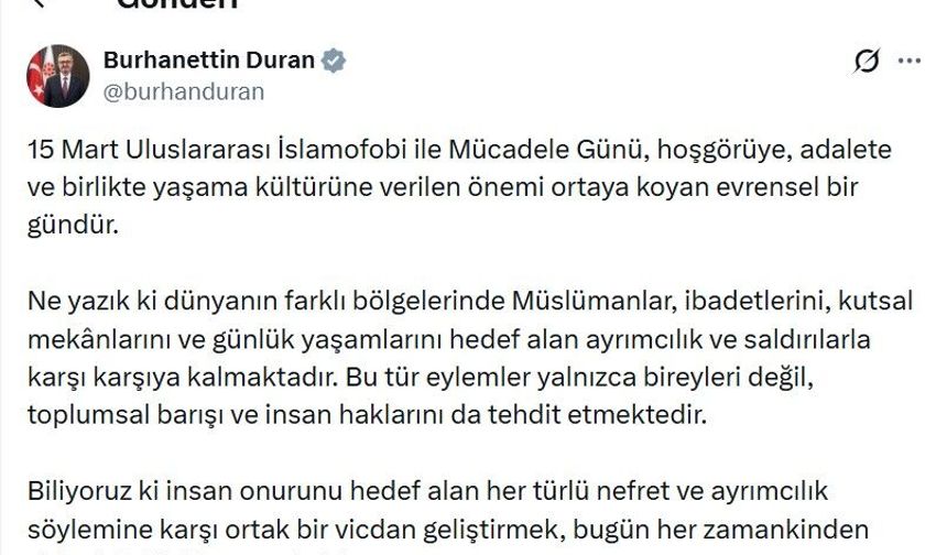 Burhanettin Duran'dan 'İslamofobi ile Mücadele Günü' mesajı