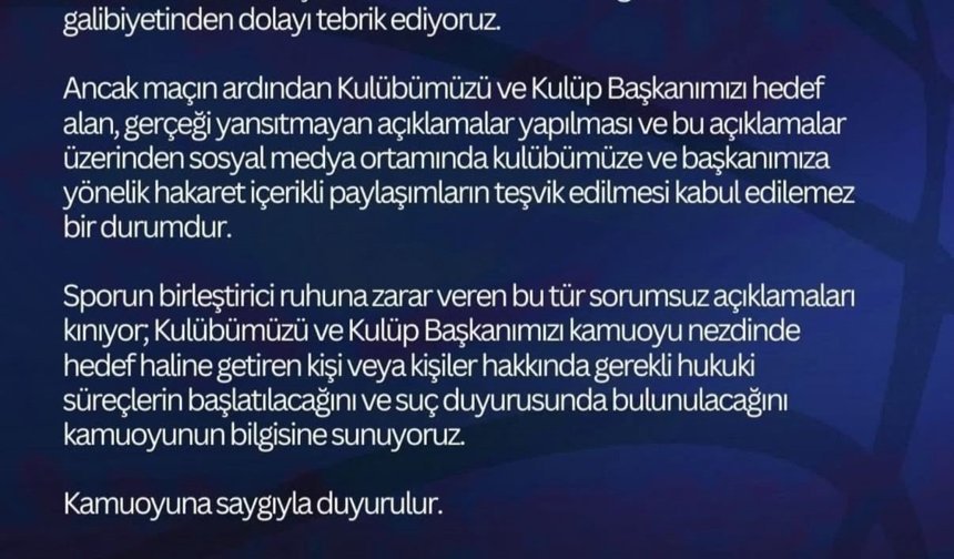 Büyükçekmece'den Fenerbahçe Beko maçındaki olaylarla ilgili açıklama