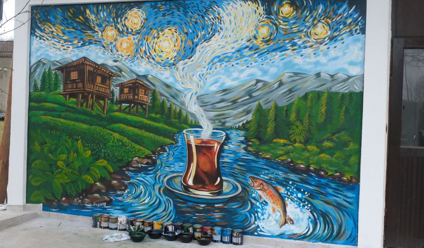Rize'nin simgeleri Van Gogh tarzıyla duvara yansıdı