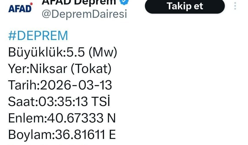 Tokat'ta 5,5 büyüklüğünde deprem